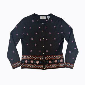Lord&Taylor Black Cardigan Sz PM Floral Embroidered Merino Wool Boho Cottagecore